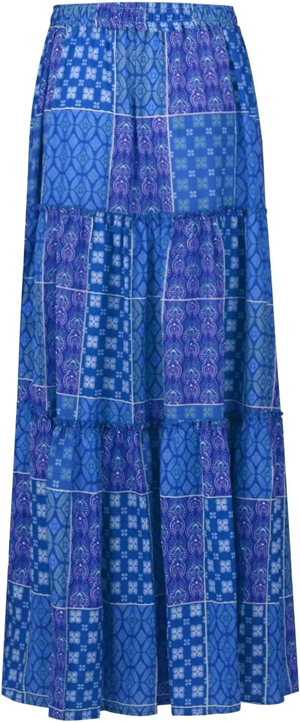 Summer Skirts for Women 2025 Boho Floral Print High Waist Elastic Tiered Flowy Long Beach Skirt with Pockets