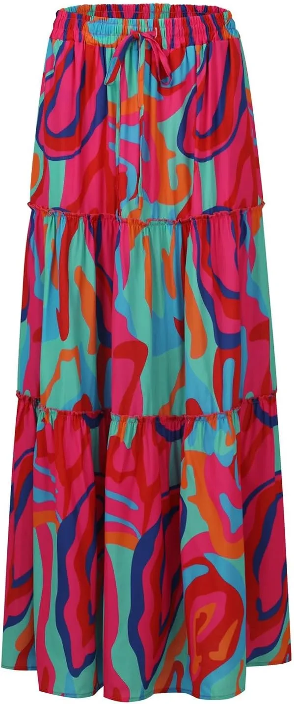 Summer Skirts for Women 2025 Boho Floral Print High Waist Elastic Tiered Flowy Long Beach Skirt with Pockets