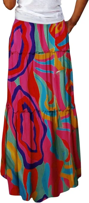 Summer Skirts for Women 2025 Boho Floral Print High Waist Elastic Tiered Flowy Long Beach Skirt with Pockets