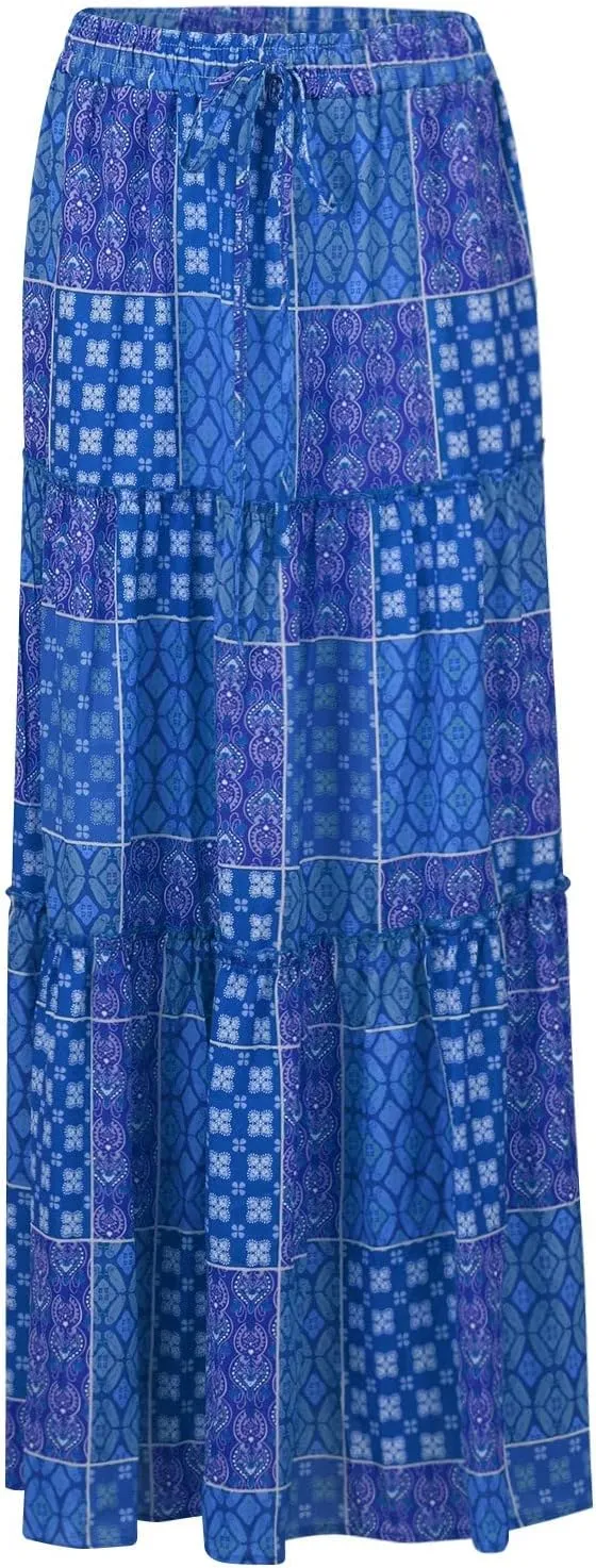 Summer Skirts for Women 2025 Boho Floral Print High Waist Elastic Tiered Flowy Long Beach Skirt with Pockets