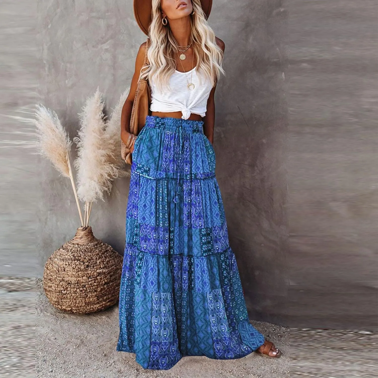 Summer Skirts for Women 2025 Boho Floral Print High Waist Elastic Tiered Flowy Long Beach Skirt with Pockets