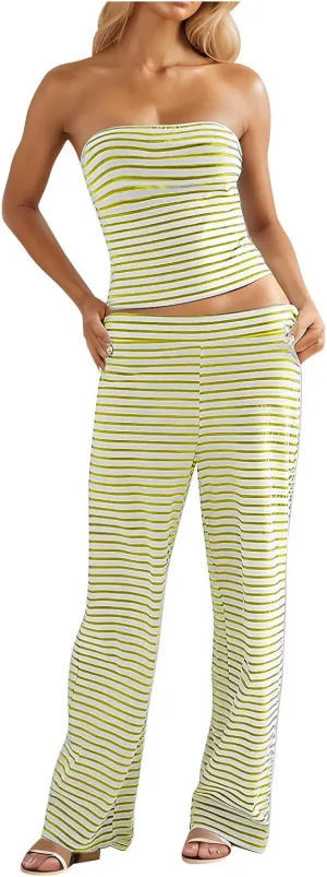 Summer Striped 2 Piece Lounge Sets Women Casual Strapless Crop Tube Tops and Wide Leg Pants Sets Matching Beach Sets