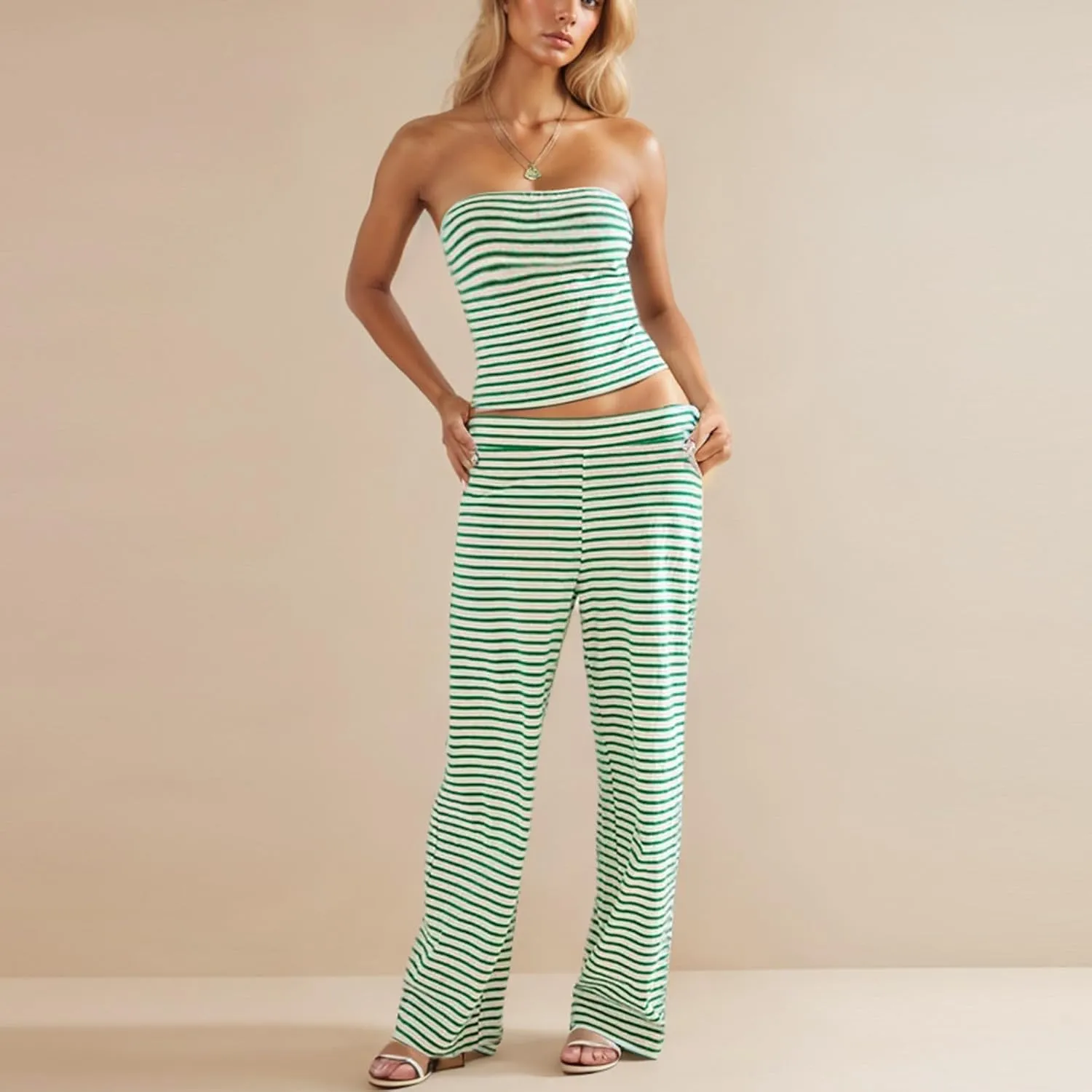 Summer Striped 2 Piece Lounge Sets Women Casual Strapless Crop Tube Tops and Wide Leg Pants Sets Matching Beach Sets
