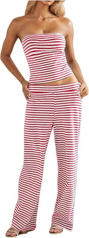 Summer Striped 2 Piece Lounge Sets Women Casual Strapless Crop Tube Tops and Wide Leg Pants Sets Matching Beach Sets