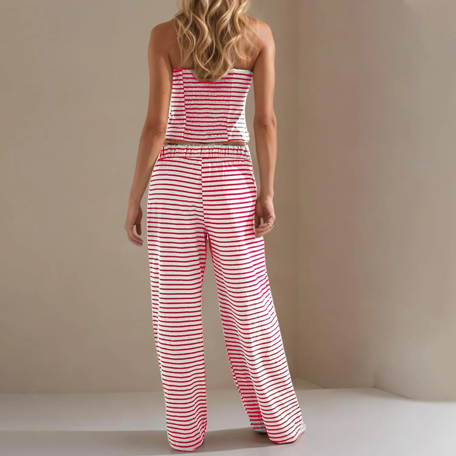 Summer Striped 2 Piece Lounge Sets Women Casual Strapless Crop Tube Tops and Wide Leg Pants Sets Matching Beach Sets
