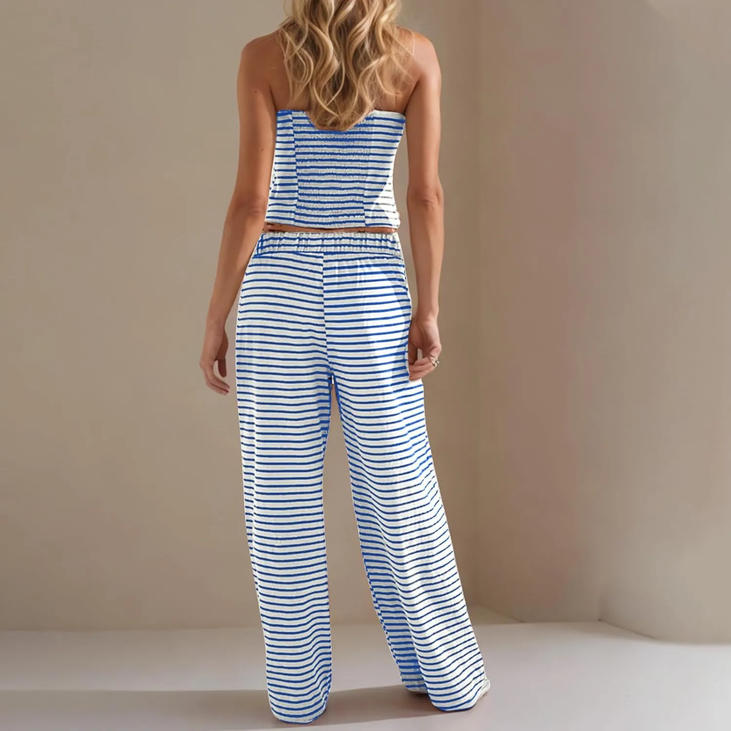 Summer Striped 2 Piece Lounge Sets Women Casual Strapless Crop Tube Tops and Wide Leg Pants Sets Matching Beach Sets