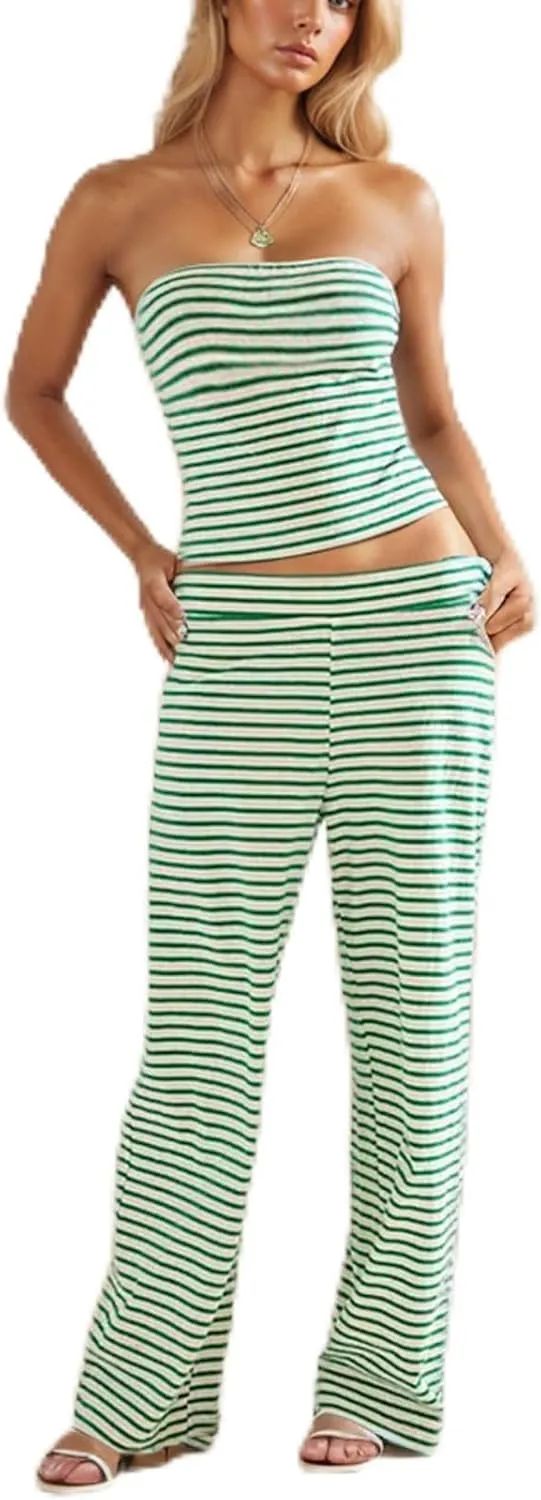 Summer Striped 2 Piece Lounge Sets Women Casual Strapless Crop Tube Tops and Wide Leg Pants Sets Matching Beach Sets