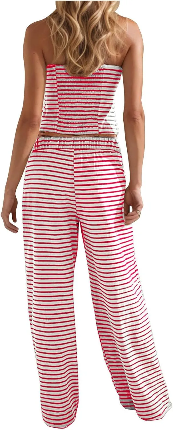 Summer Striped 2 Piece Lounge Sets Women Casual Strapless Crop Tube Tops and Wide Leg Pants Sets Matching Beach Sets
