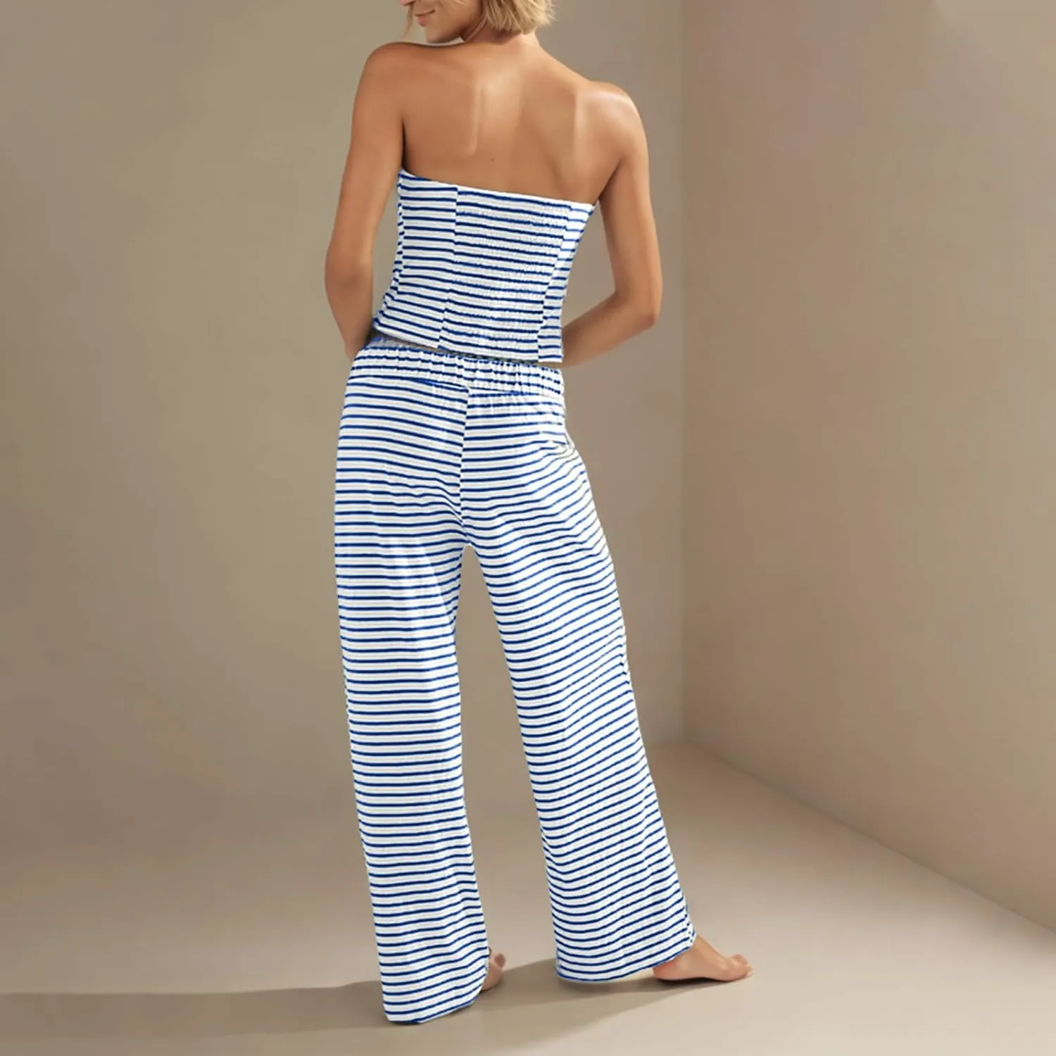 Summer Striped 2 Piece Lounge Sets Women Casual Strapless Crop Tube Tops and Wide Leg Pants Sets Matching Beach Sets