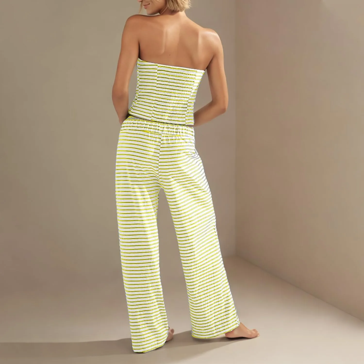 Summer Striped 2 Piece Lounge Sets Women Casual Strapless Crop Tube Tops and Wide Leg Pants Sets Matching Beach Sets