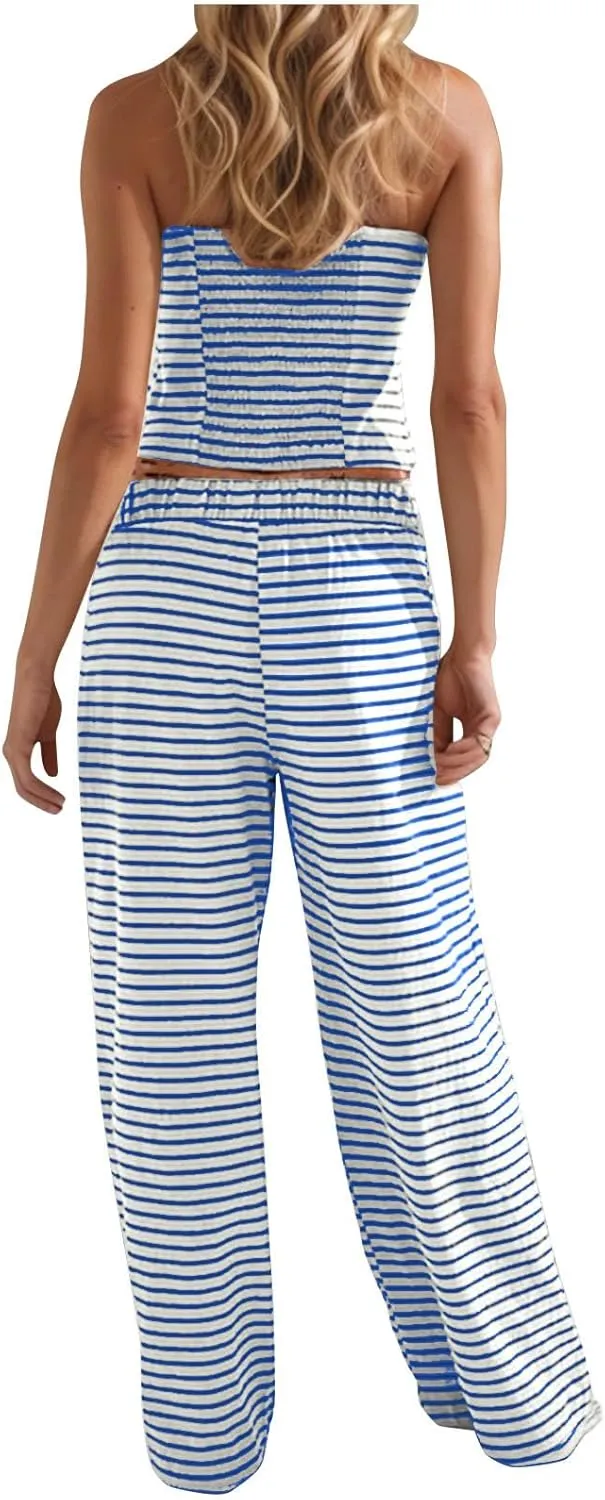 Summer Striped 2 Piece Lounge Sets Women Casual Strapless Crop Tube Tops and Wide Leg Pants Sets Matching Beach Sets