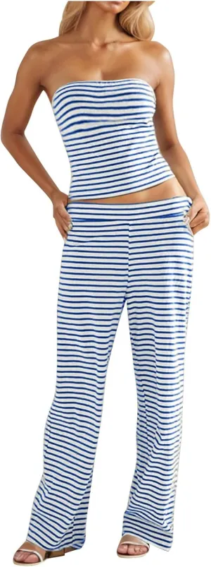 Summer Striped 2 Piece Lounge Sets Women Casual Strapless Crop Tube Tops and Wide Leg Pants Sets Matching Beach Sets