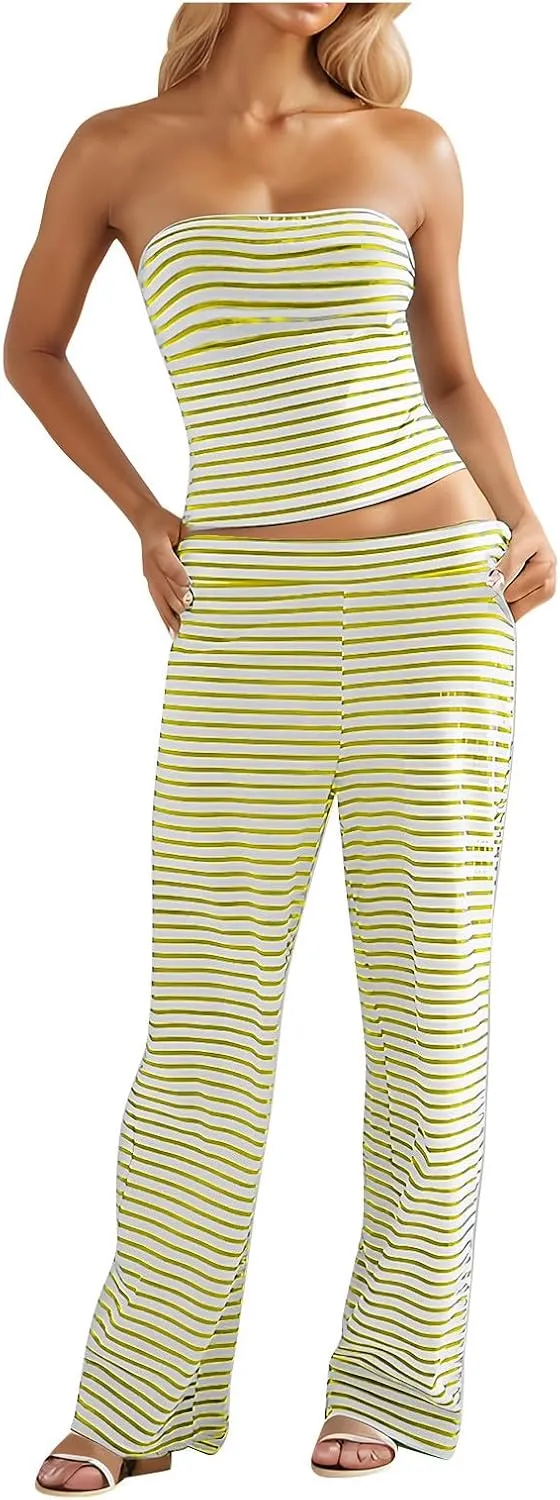 Summer Striped 2 Piece Lounge Sets Women Casual Strapless Crop Tube Tops and Wide Leg Pants Sets Matching Beach Sets