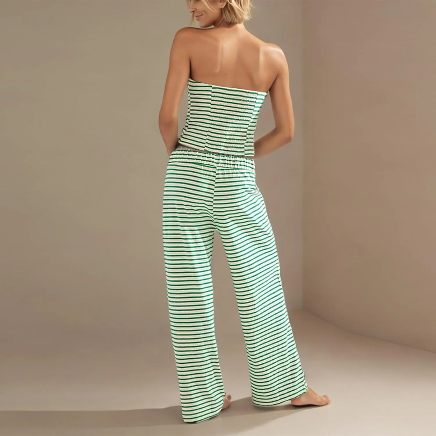 Summer Striped 2 Piece Lounge Sets Women Casual Strapless Crop Tube Tops and Wide Leg Pants Sets Matching Beach Sets