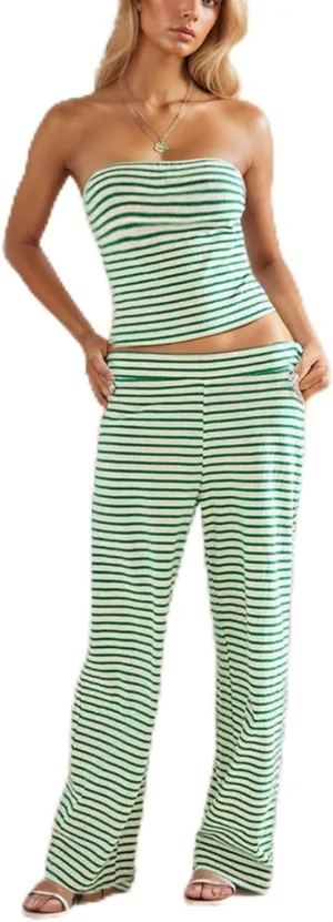 Summer Striped 2 Piece Lounge Sets Women Casual Strapless Crop Tube Tops and Wide Leg Pants Sets Matching Beach Sets