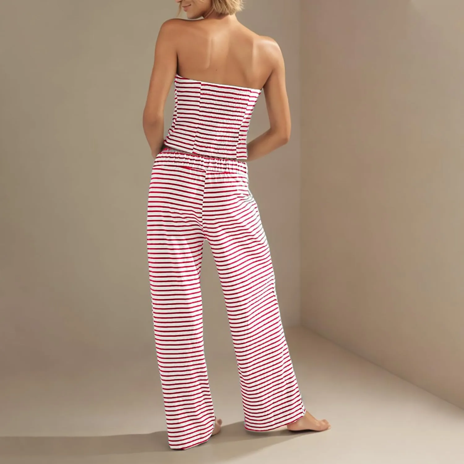 Summer Striped 2 Piece Lounge Sets Women Casual Strapless Crop Tube Tops and Wide Leg Pants Sets Matching Beach Sets