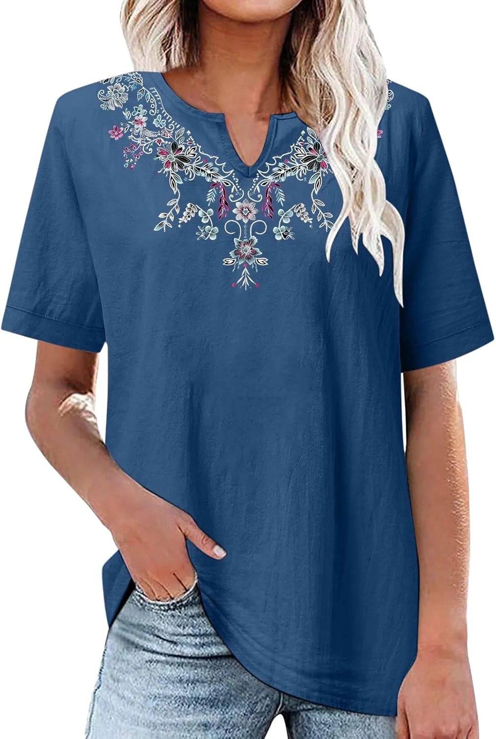 Summer Tops for Women 2025 Casual 3/4 Sleeve Button Down Cotton Linen Shirts Boho Trendy V-Neck Tunic Blouses Clothes