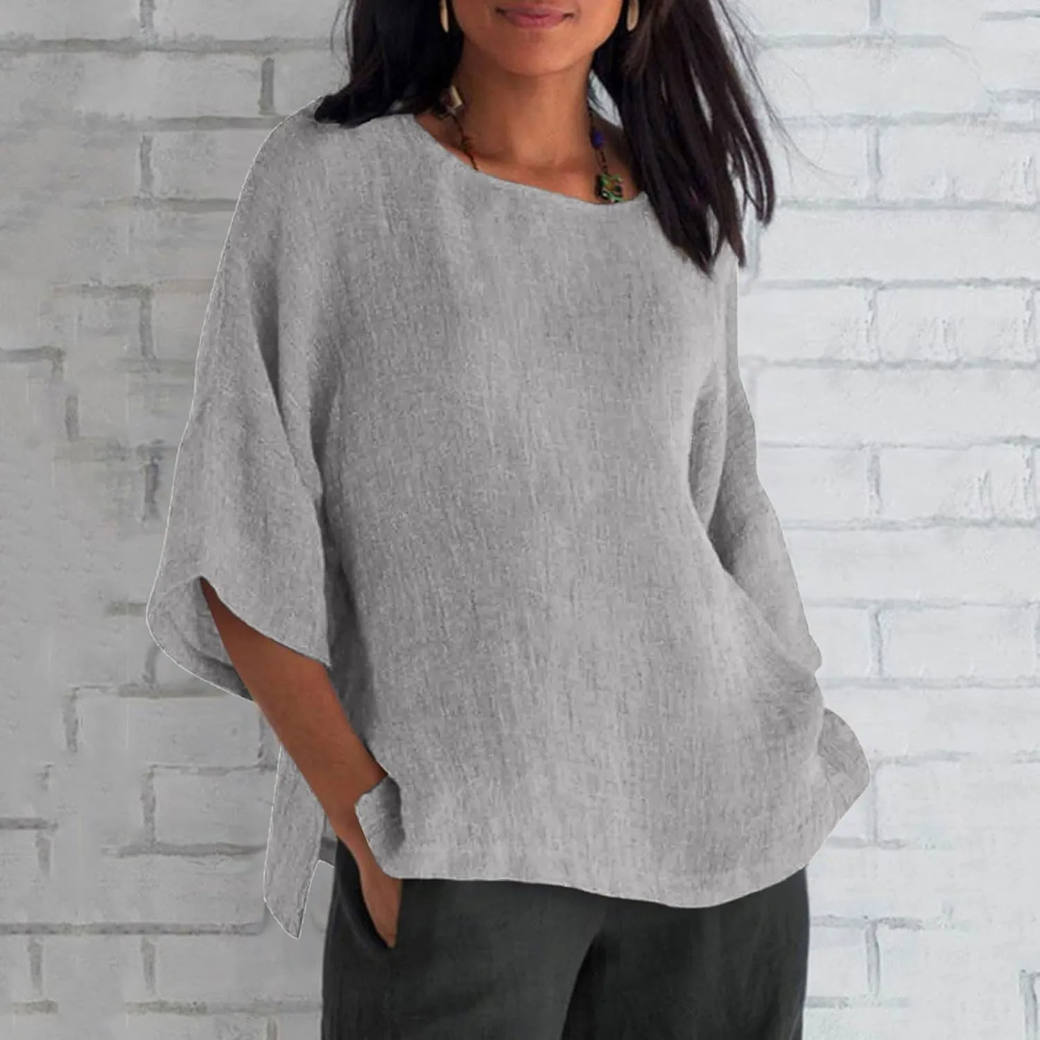 Summer Tops for Women 2025 Trendy 3/4 Length Sleeve Crew Neck Lined Shirts Loose Fit Side Split Solid Blouses Casual