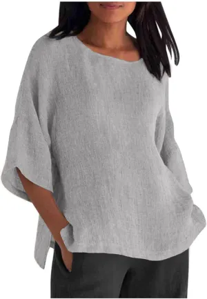 Summer Tops for Women 2025 Trendy 3/4 Length Sleeve Crew Neck Lined Shirts Loose Fit Side Split Solid Blouses Casual
