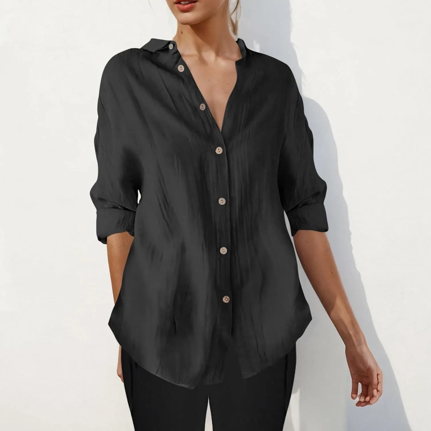Summer Tops for Women 2025 Trendy 3/4 Length Sleeve Shirts Loose Fit Dressy Casual Blouses Lapel Button Down Shirts