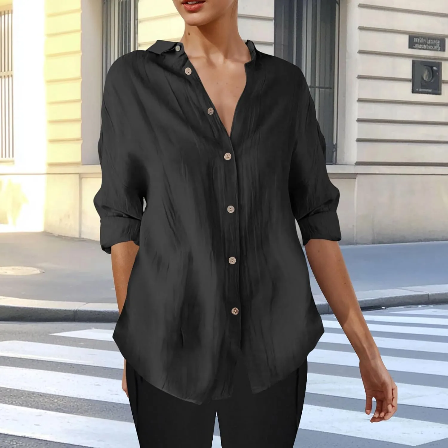 Summer Tops for Women 2025 Trendy 3/4 Length Sleeve Shirts Loose Fit Dressy Casual Blouses Lapel Button Down Shirts