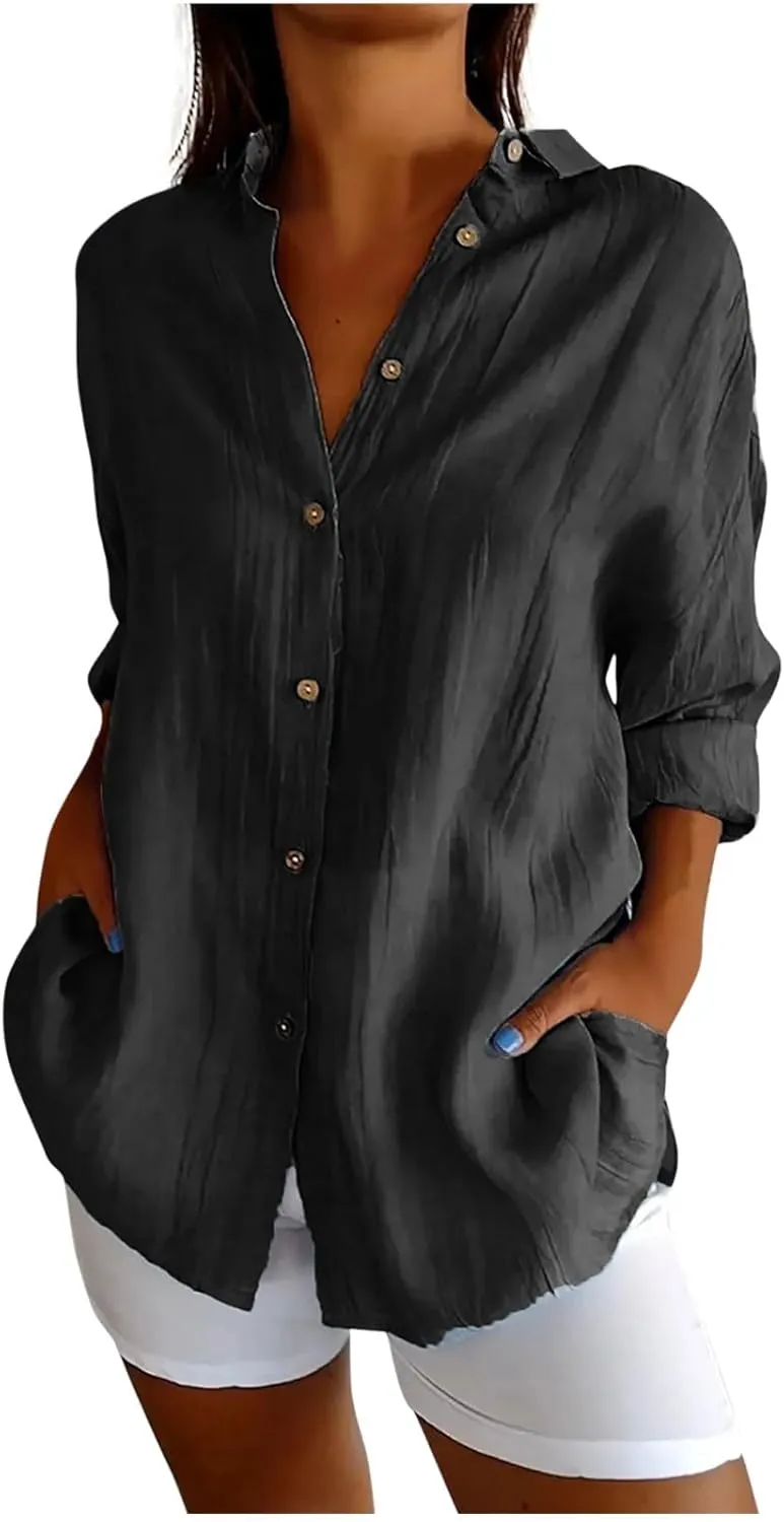 Summer Tops for Women 2025 Trendy 3/4 Length Sleeve Shirts Loose Fit Dressy Casual Blouses Lapel Button Down Shirts