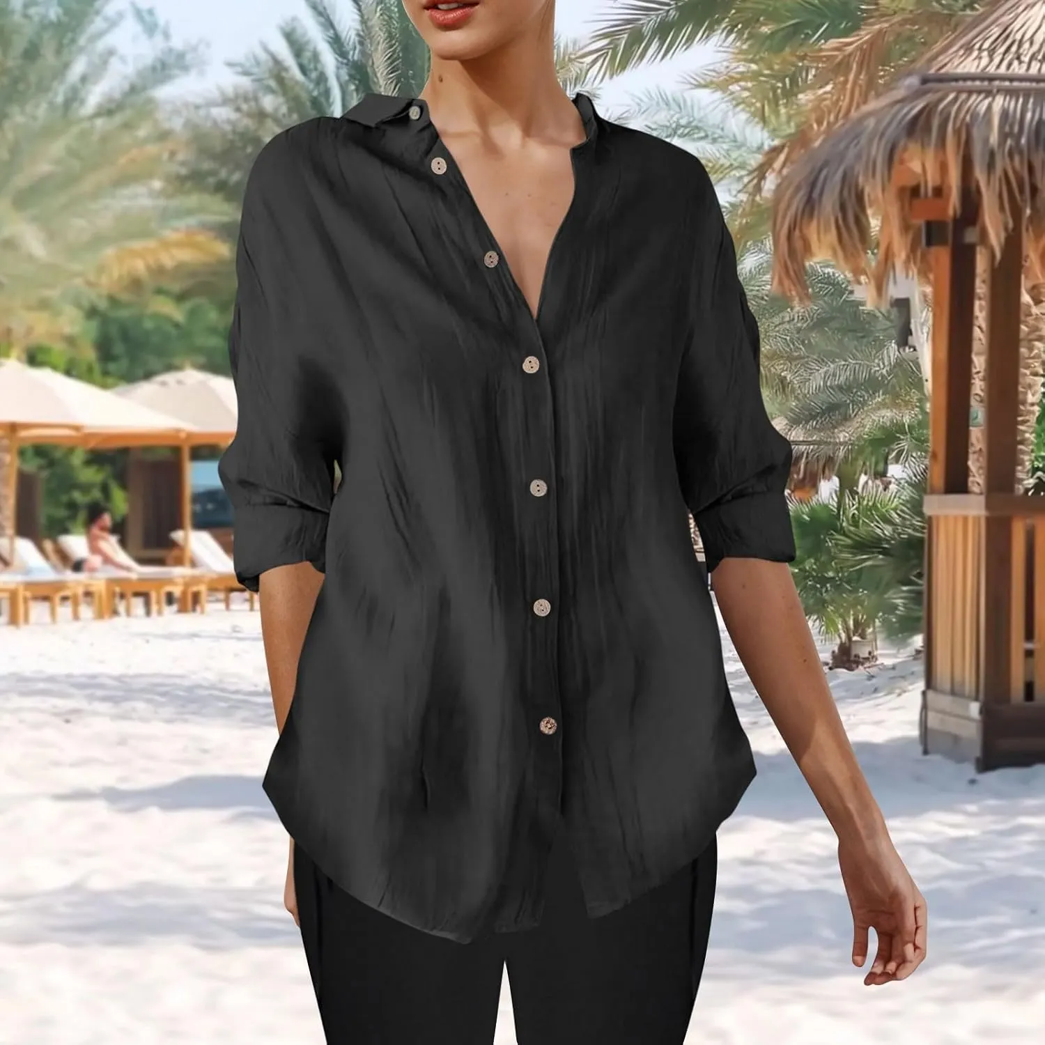 Summer Tops for Women 2025 Trendy 3/4 Length Sleeve Shirts Loose Fit Dressy Casual Blouses Lapel Button Down Shirts