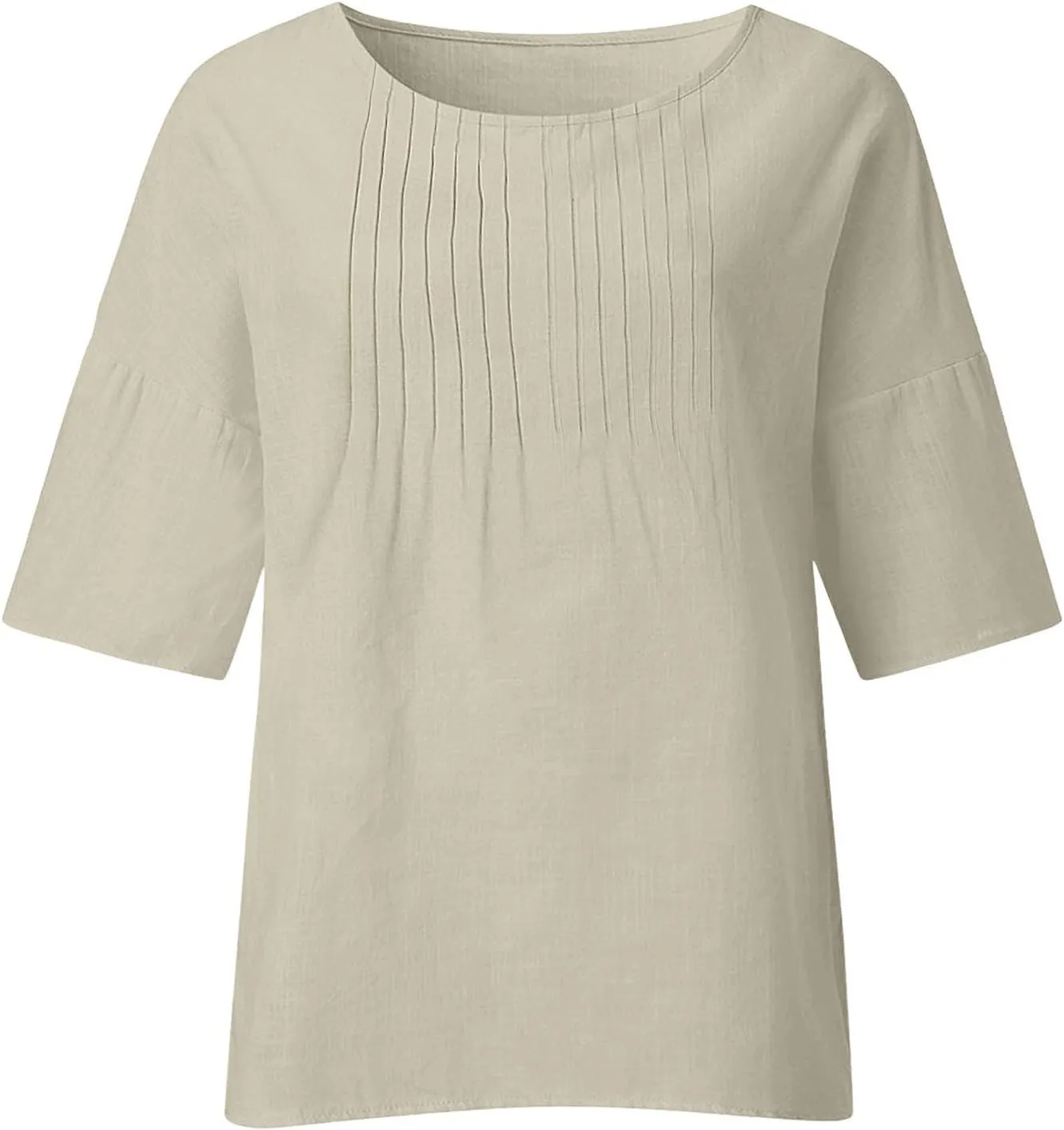 Summer Tops for Women 2025 Trendy Pleated Front Tshirt Loose Fit 3/4 Sleeve Crewneck Blouse Solid Cotton Linen Shirts