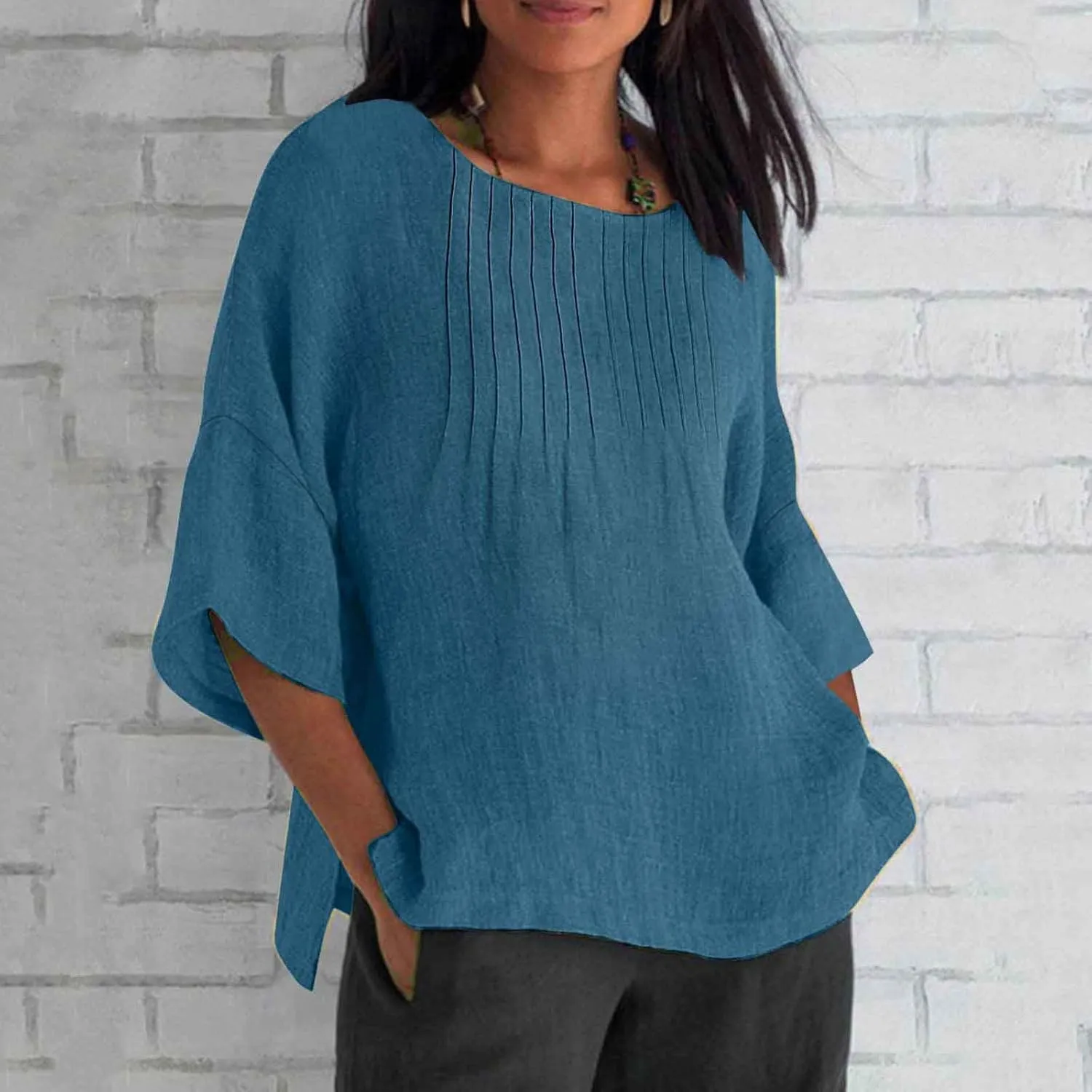 Summer Tops for Women 2025 Trendy Pleated Front Tshirt Loose Fit 3/4 Sleeve Crewneck Blouse Solid Cotton Linen Shirts