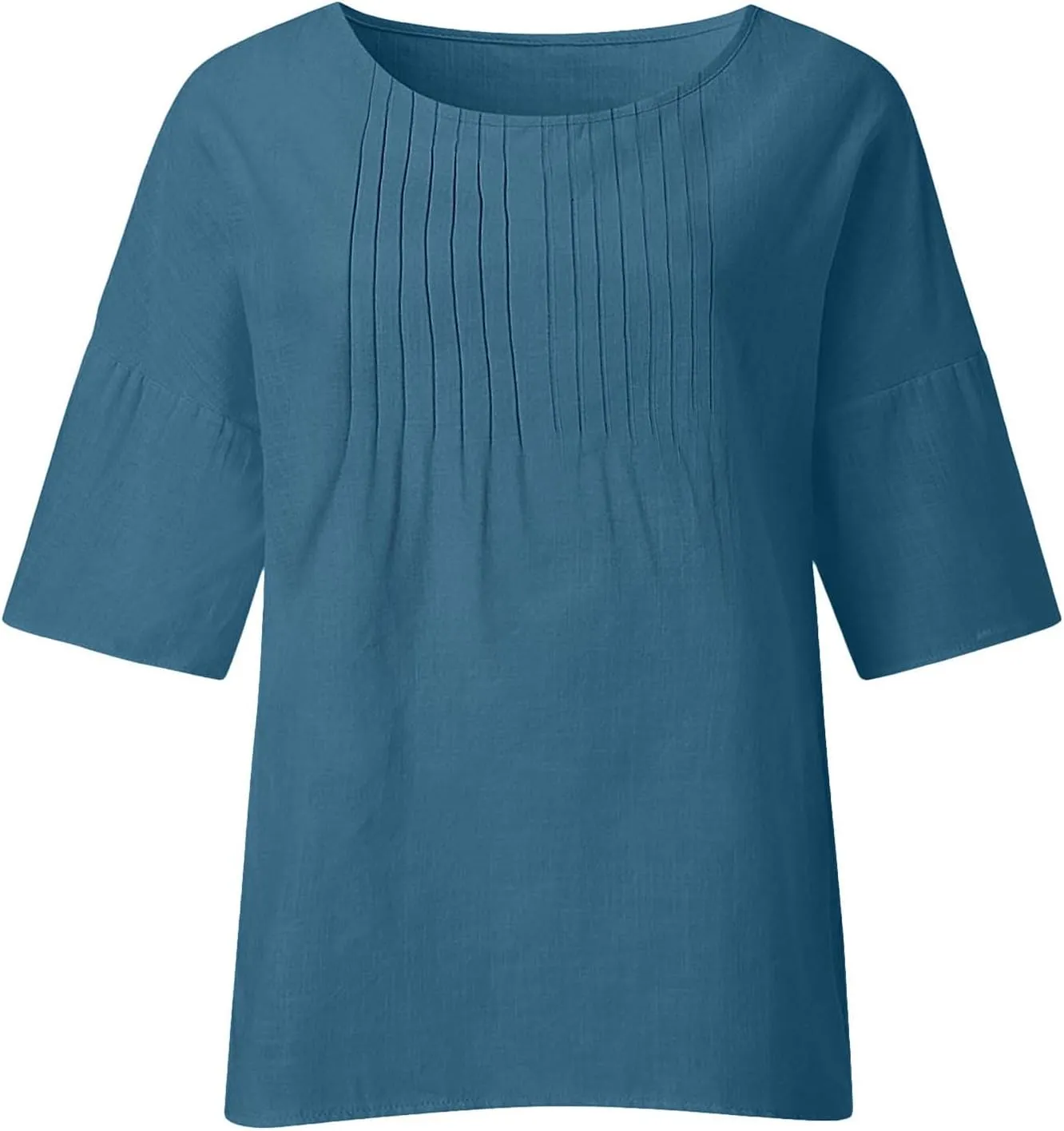 Summer Tops for Women 2025 Trendy Pleated Front Tshirt Loose Fit 3/4 Sleeve Crewneck Blouse Solid Cotton Linen Shirts