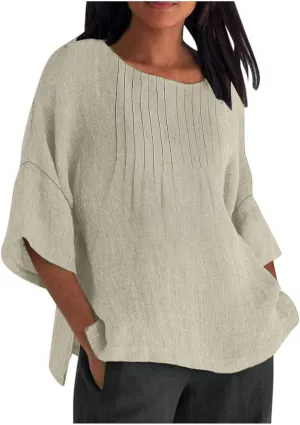 Summer Tops for Women 2025 Trendy Pleated Front Tshirt Loose Fit 3/4 Sleeve Crewneck Blouse Solid Cotton Linen Shirts