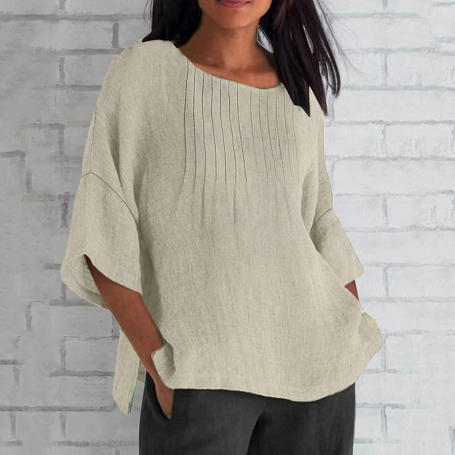 Summer Tops for Women 2025 Trendy Pleated Front Tshirt Loose Fit 3/4 Sleeve Crewneck Blouse Solid Cotton Linen Shirts