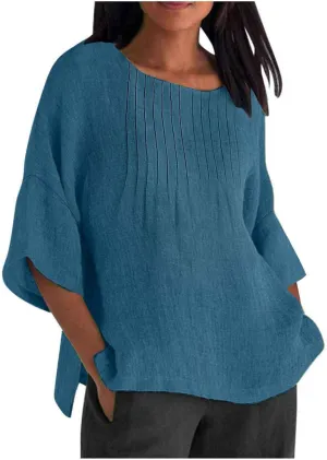 Summer Tops for Women 2025 Trendy Pleated Front Tshirt Loose Fit 3/4 Sleeve Crewneck Blouse Solid Cotton Linen Shirts