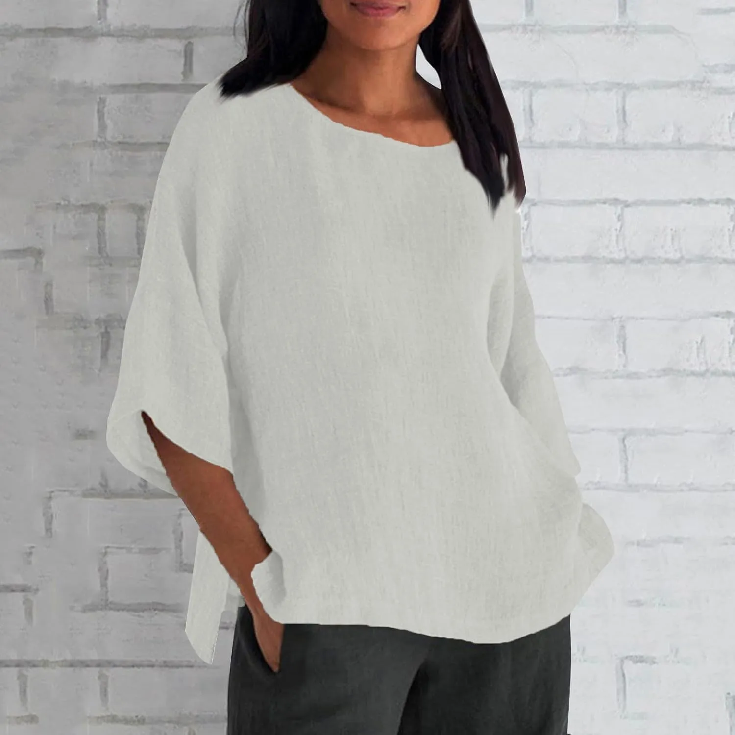 Summer Womens Linen Shirts Solid Color Casual 3/4 Sleeve Loose Tops Beach Vacation Daily Blouses for Women Dressy Casual