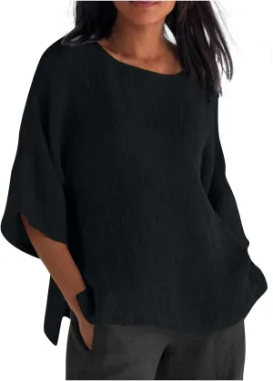 Summer Womens Linen Shirts Solid Color Casual 3/4 Sleeve Loose Tops Beach Vacation Daily Blouses for Women Dressy Casual