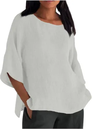 Summer Womens Linen Shirts Solid Color Casual 3/4 Sleeve Loose Tops Beach Vacation Daily Blouses for Women Dressy Casual