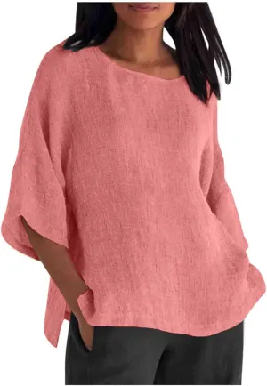 Summer Womens Linen Shirts Solid Color Casual 3/4 Sleeve Loose Tops Beach Vacation Daily Blouses for Women Dressy Casual