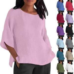 Summer Womens Linen Shirts Solid Color Casual 3/4 Sleeve Loose Tops Beach Vacation Daily Blouses for Women Dressy Casual