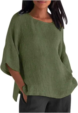 Summer Womens Linen Shirts Solid Color Casual 3/4 Sleeve Loose Tops Beach Vacation Daily Blouses for Women Dressy Casual