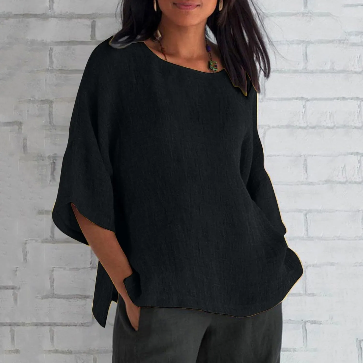 Summer Womens Linen Shirts Solid Color Casual 3/4 Sleeve Loose Tops Beach Vacation Daily Blouses for Women Dressy Casual