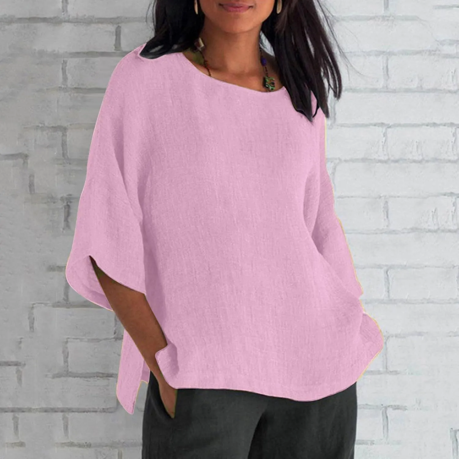 Summer Womens Linen Shirts Solid Color Casual 3/4 Sleeve Loose Tops Beach Vacation Daily Blouses for Women Dressy Casual