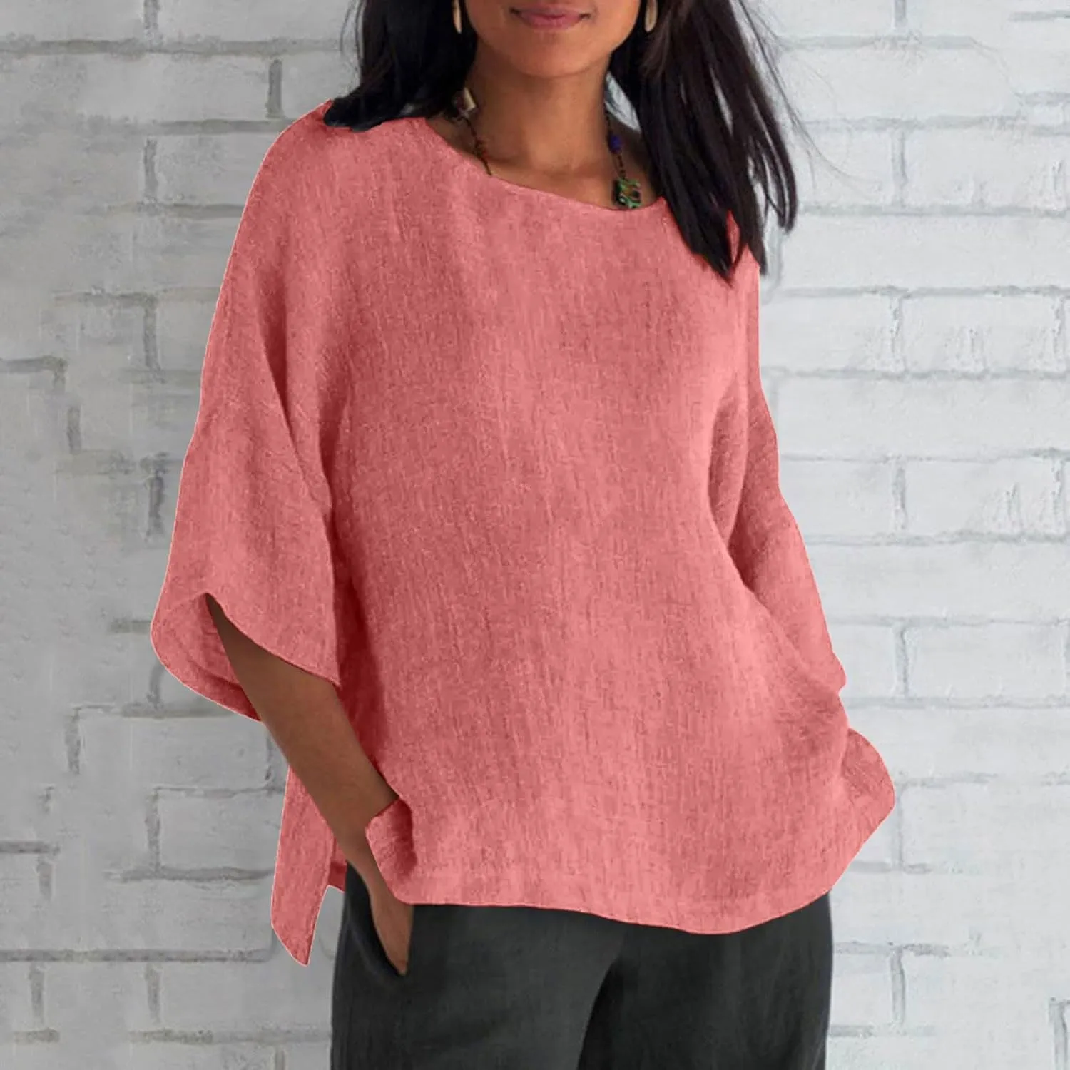 Summer Womens Linen Shirts Solid Color Casual 3/4 Sleeve Loose Tops Beach Vacation Daily Blouses for Women Dressy Casual