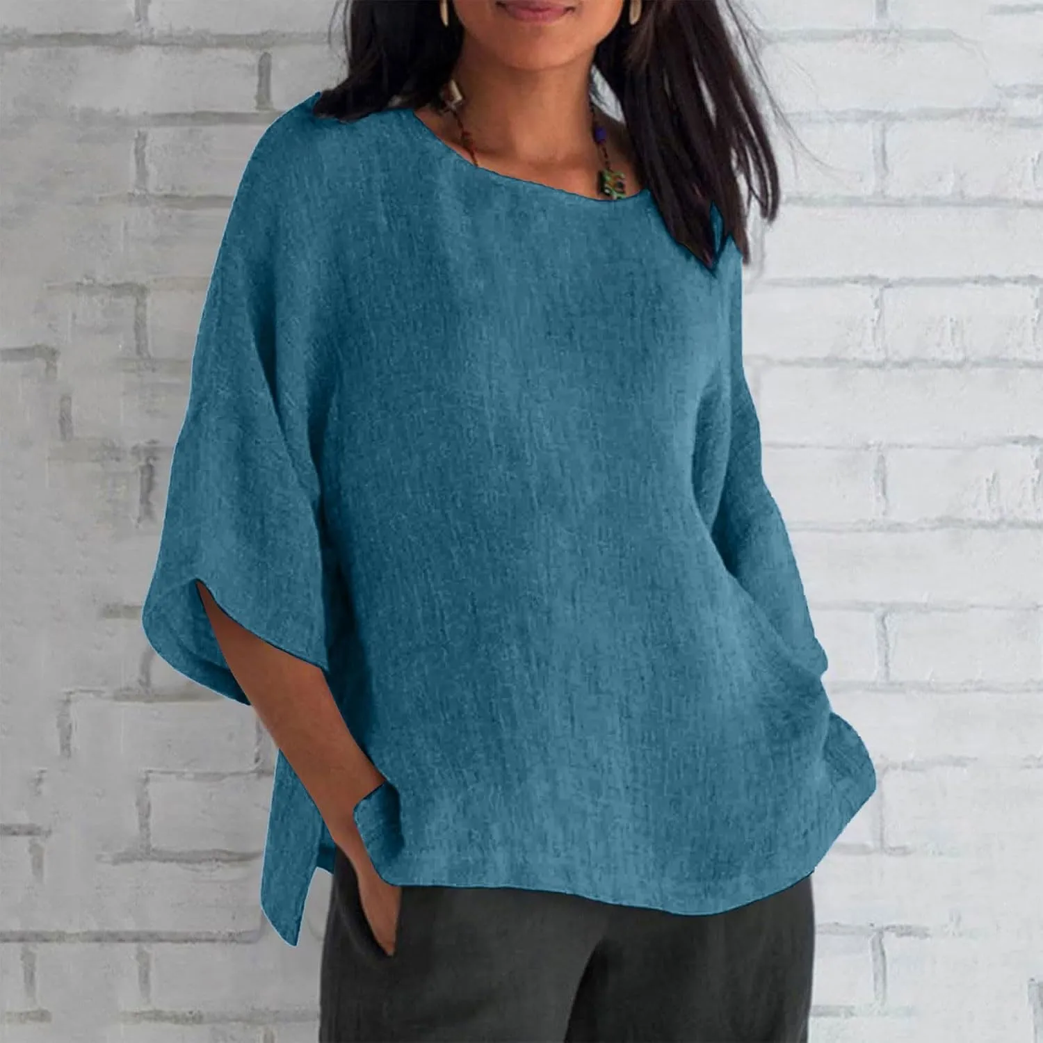 Summer Womens Linen Shirts Solid Color Casual 3/4 Sleeve Loose Tops Beach Vacation Daily Blouses for Women Dressy Casual