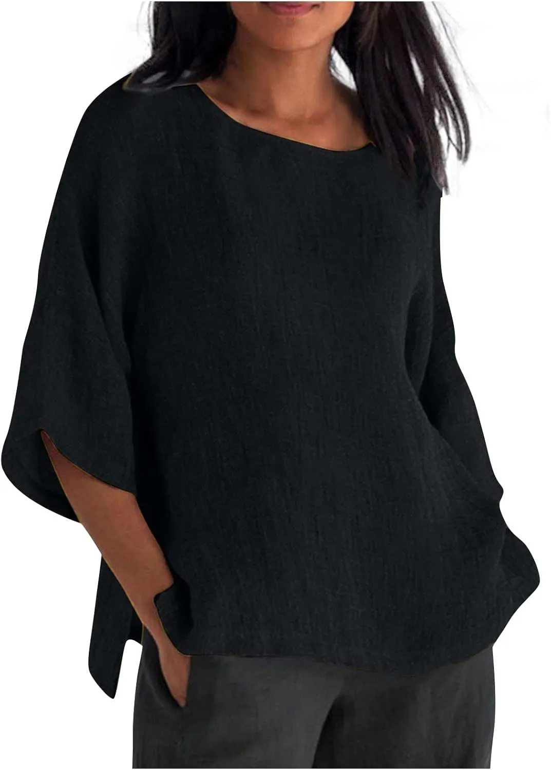 Summer Womens Linen Shirts Solid Color Casual 3/4 Sleeve Loose Tops Beach Vacation Daily Blouses for Women Dressy Casual
