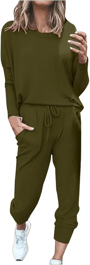 Sweatsuits Women 2 Piece Outfit Long Sleeve and Pants Set Loose Fit Lounge Set Casual Tracksuit Summer Track Suit