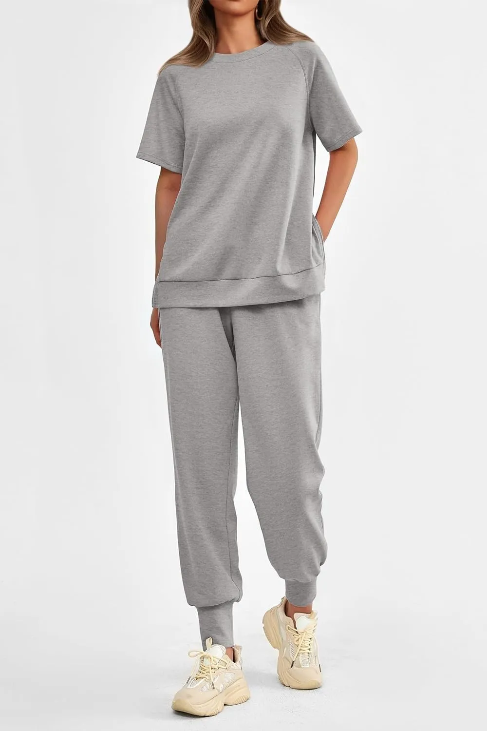 Sweatsuits Women 2 Piece Outfit Summer Lounge Sets Short Sleeve T Shirts Sweatpant Jogger Sets Workout Sets Tracksuit