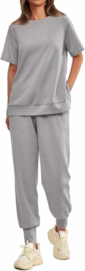 Sweatsuits Women 2 Piece Outfit Summer Lounge Sets Short Sleeve T Shirts Sweatpant Jogger Sets Workout Sets Tracksuit