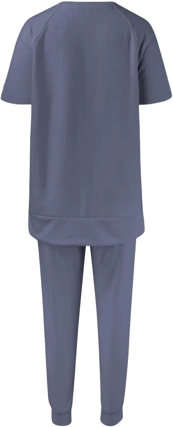 Sweatsuits Women 2 Piece Outfit Summer Lounge Sets Short Sleeve T Shirts Sweatpant Jogger Sets Workout Sets Tracksuit