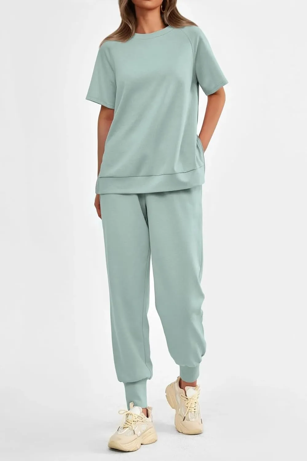 Sweatsuits Women 2 Piece Outfit Summer Lounge Sets Short Sleeve T Shirts Sweatpant Jogger Sets Workout Sets Tracksuit