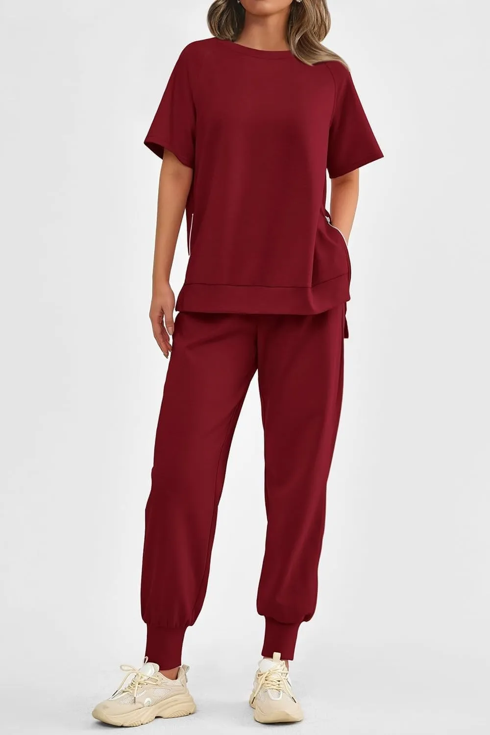 Sweatsuits Women 2 Piece Outfit Summer Lounge Sets Short Sleeve T Shirts Sweatpant Jogger Sets Workout Sets Tracksuit